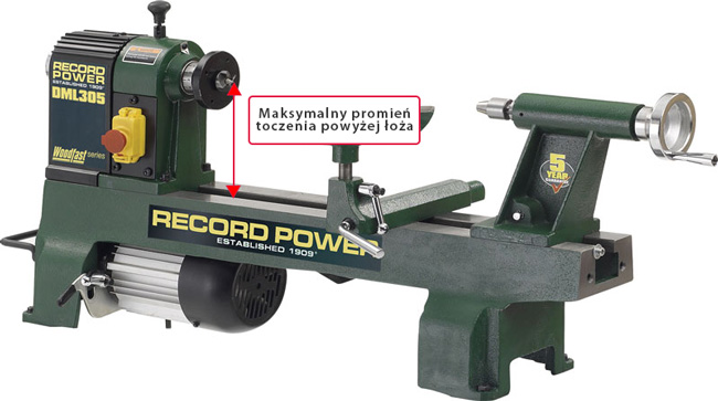 Tokarka do drewna z zaznaczoną maksymalnym promieniem toczonego elementu
