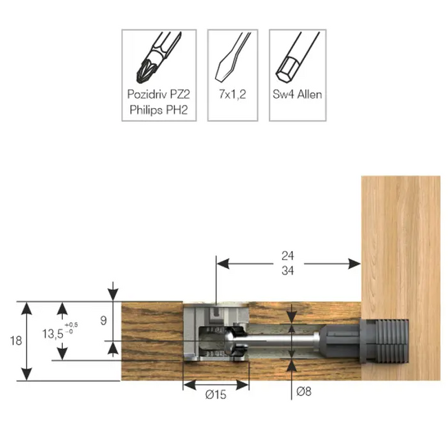 Złącze meblowe mimośrodowe Ø15x13.5 mm do płyt 18mm - 10 kpl.