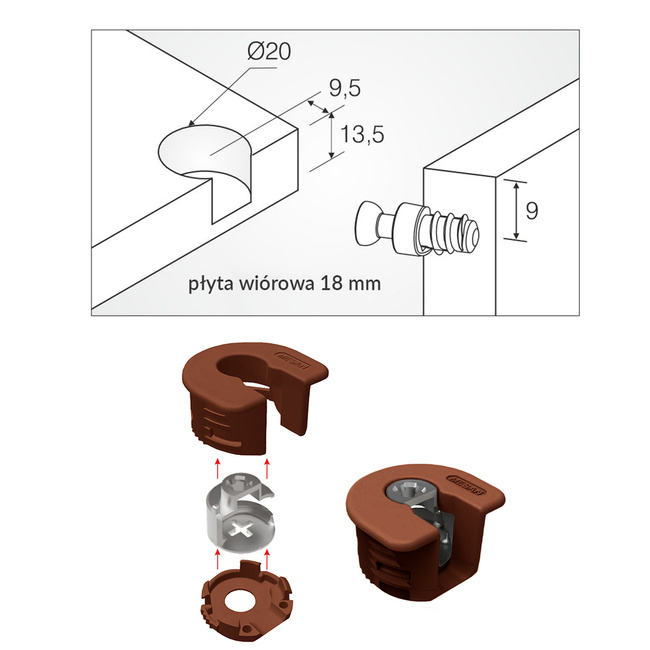 Złączka RAFFIX 20 Locked do płyt od 18mm + trzpień 6x11 mm