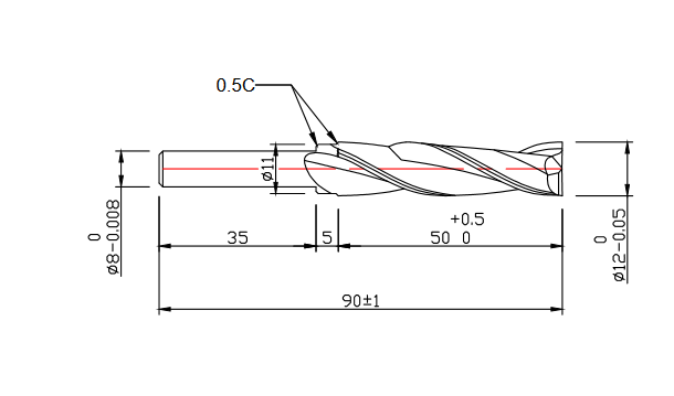 Frez trzpieniowy spiralny HW ze stali wolframowej Ø 12 mm, L 50 mm, trzpień Ø 8 mm