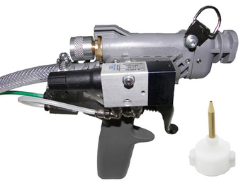 Pistolet klejowy do klejów rozpuszczalnikowych PUR sterowany pneumatycznie z rękojeścią i przyłączem, wąż 4m