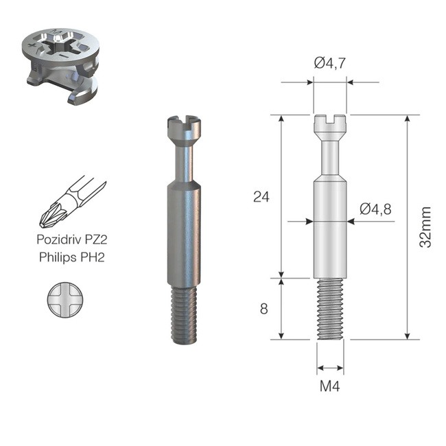 Mimośród Ø15x10 mm do płyty 12 mm + trzpień M4 24 mm - 10 kpl.